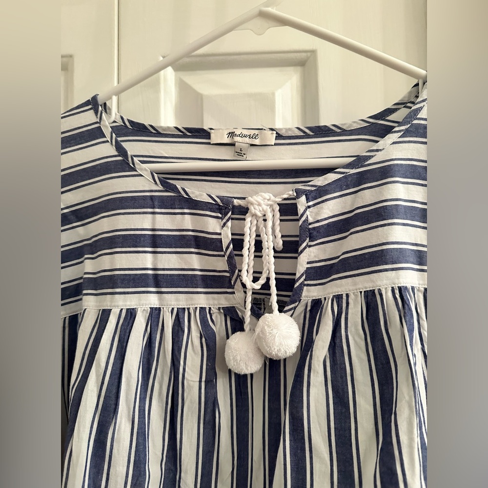 Madewell 100% Cotton Striped Pom-Pom Tassel Blouse - Size L. - Picture 9 of 10